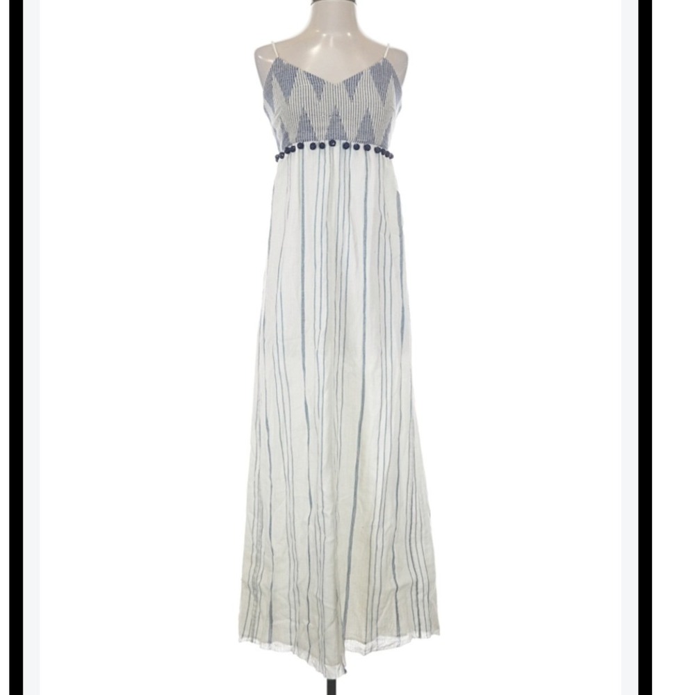 Saylor Blue White Striped Pom Pom Wide Leg Jumpsuit Size M Bohemian Resort
